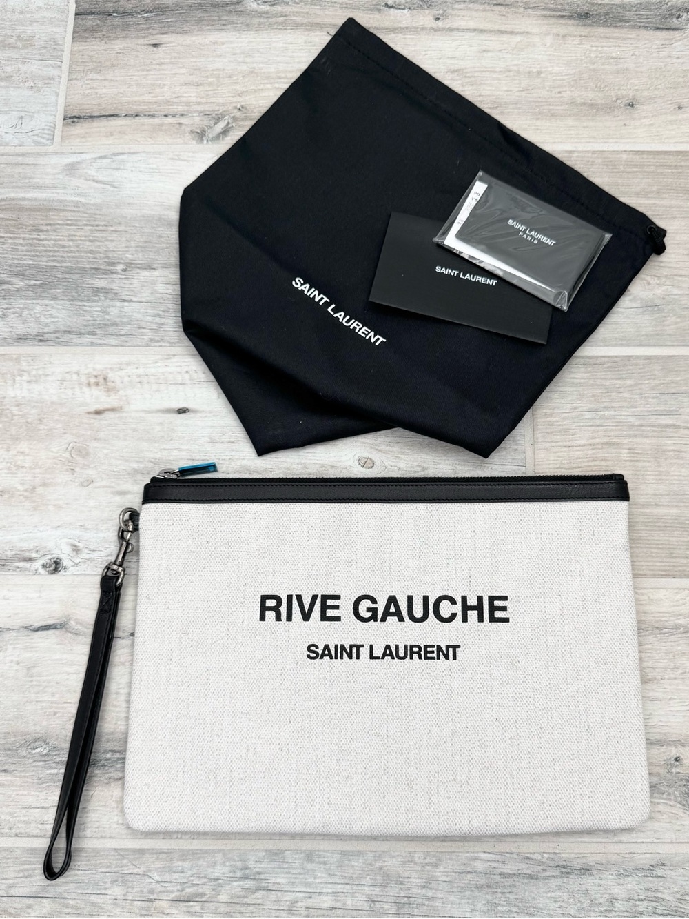Saint Laurent Natural Linen Canvas Large Wristlet Pouch